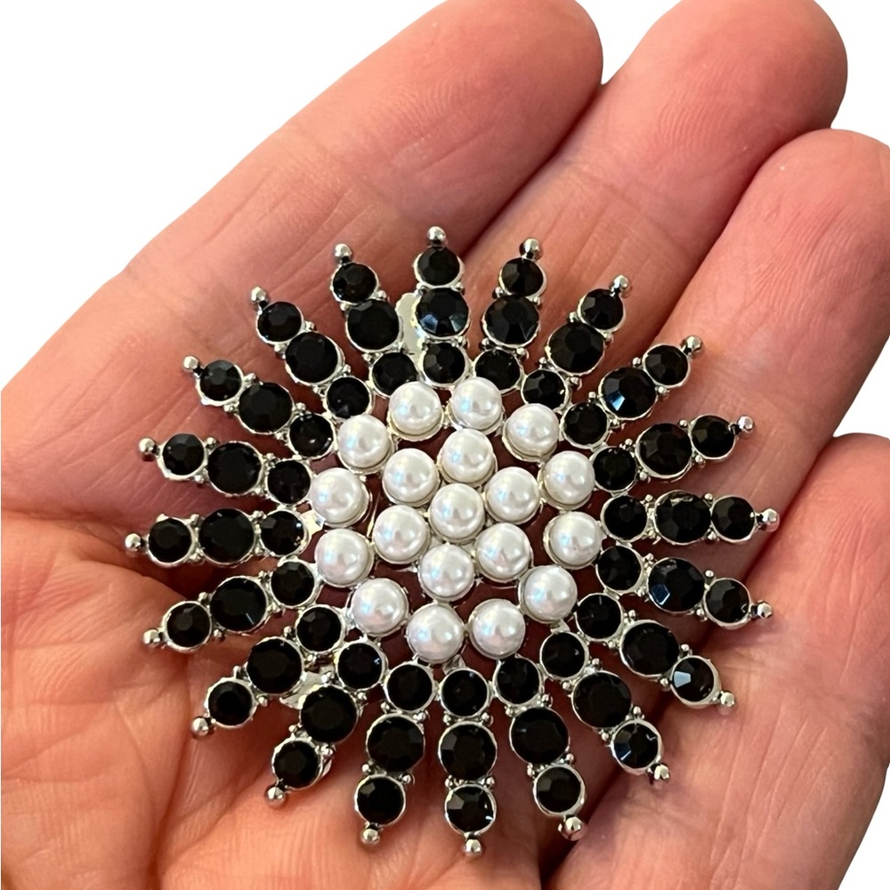 Classic Pearl & Black Crystal Sunburst Brooch - Women Jewelry